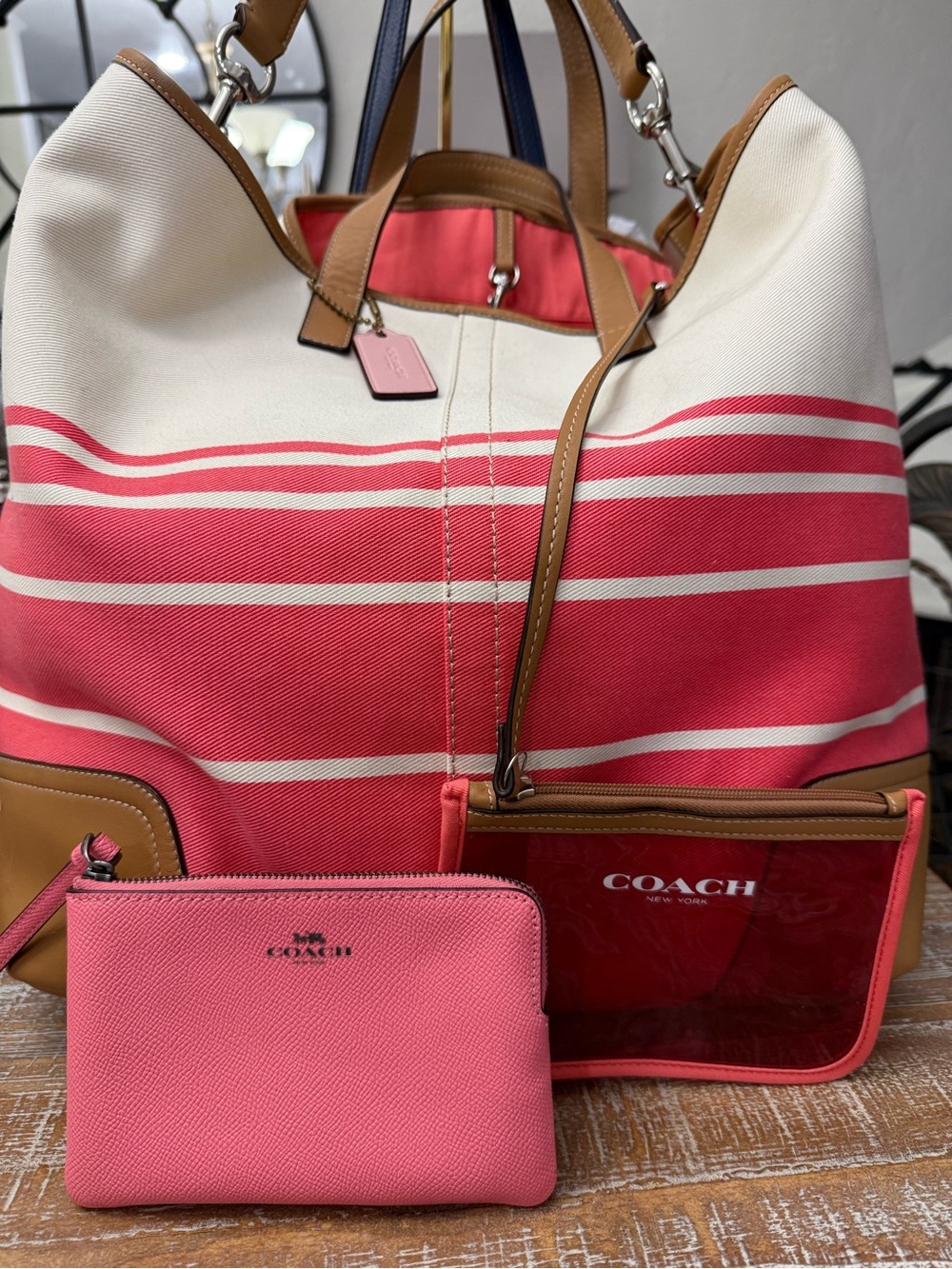 Coach Coral Cream Striped Canvas Tote with Brown Trim and Matching Pouches